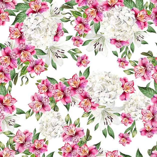 Hermoso patrón transparente de acuarela con flores de Alstroemeria, Hudrangea y lirio. Ilustración
