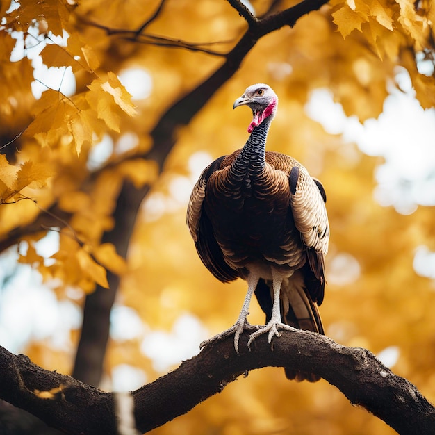 Hermoso pavo pavo sentado en una rama de árbol Generado por IA