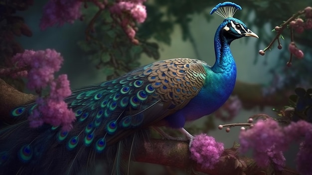 Hermoso pavo real en un árbol con flores en el fondo generativo ai