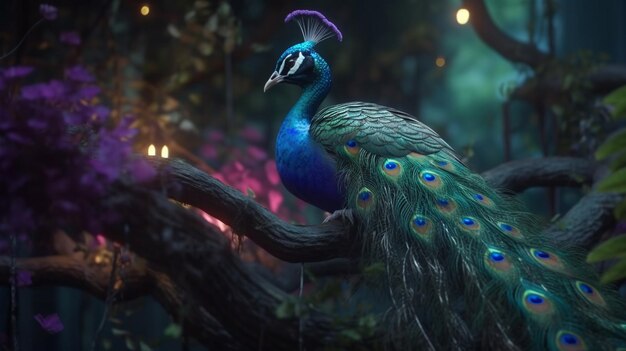 Hermoso pavo real en un árbol con flores en el fondo generativo ai