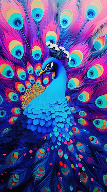 Hermoso pavo real con plumas sobre un fondo colorido Primer AI generativo
