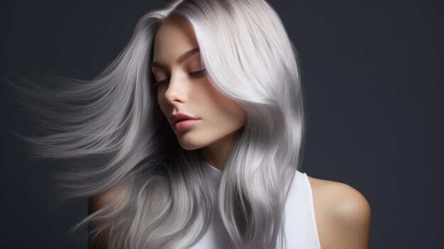 hermoso peinado de una mujer después de teñir el cabello y hacer resaltos aislados en un fondo gris