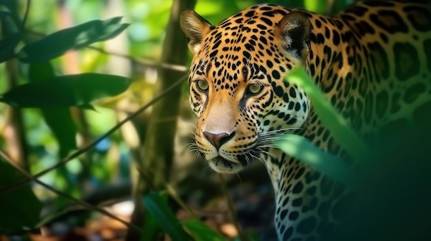 Hermoso y en peligro de extinción jaguar americano en el hábitat natural panthera onca salvaje brasil fauna brasileña pantanal verde IA generativa