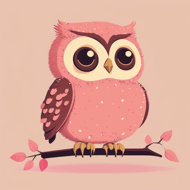 Hermoso pequeño búho de dibujos animados con plumas rosadas Plumas de color rosa pequeño búho lindo Arte de papel retrato de búho bebé IA generativa