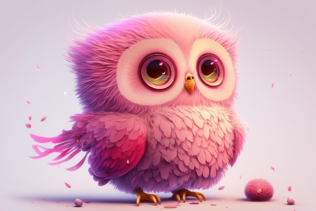 Hermoso pequeño búho de dibujos animados con plumas rosadas Plumas de color rosa pequeño búho lindo Ilustración de retrato de búho bebé IA generativa