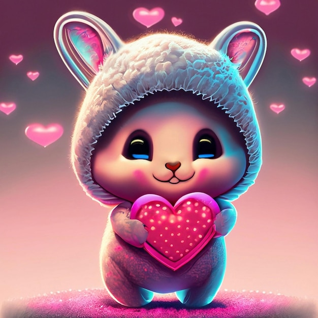 Hermoso pequeño y lindo banny sosteniendo un corazón Amor Día de San Valentín
