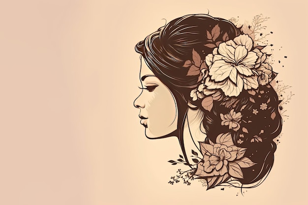 Hermoso perfil femenino Mujer bonita con un lindo peinado con flores sobre fondo claro IA generativa
