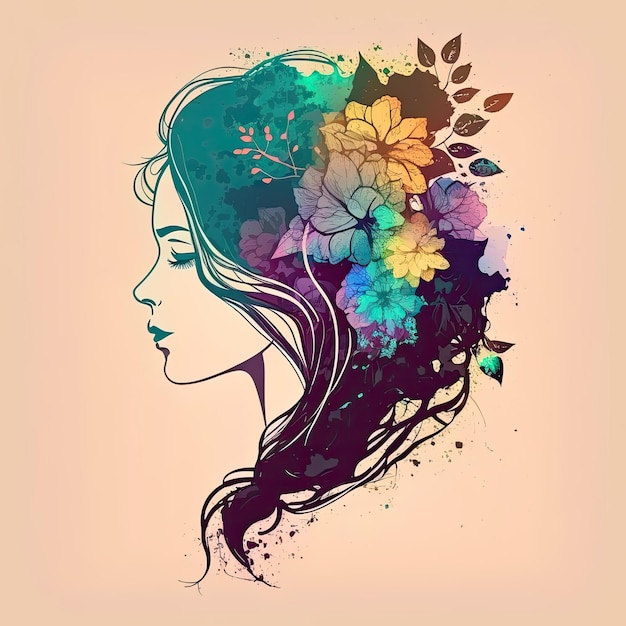 Hermoso perfil femenino Mujer bonita con un lindo peinado con flores sobre fondo de color IA generativa