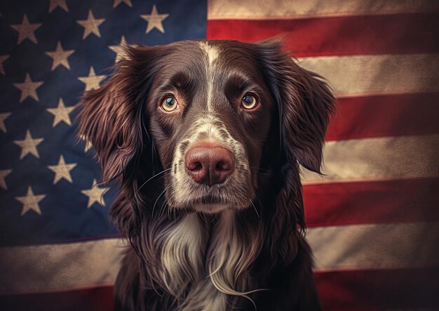 Foto hermoso perro con bandera estadounidense en el fondo ia generativa