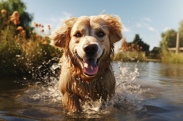 un hermoso perro bronceado salpicando en el agua