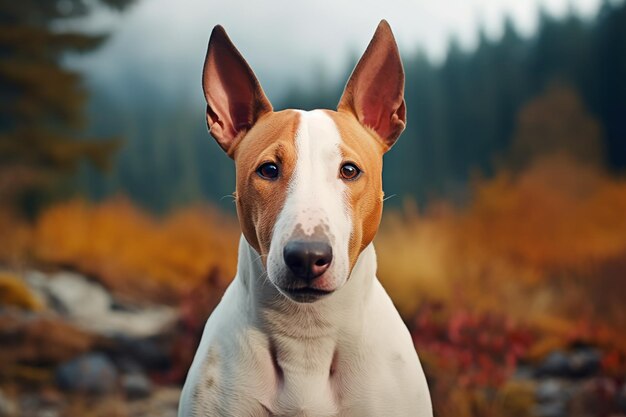 Hermoso perro bull terrier en un hermoso fondo natural Perro en un paseo por el parque AI Generar