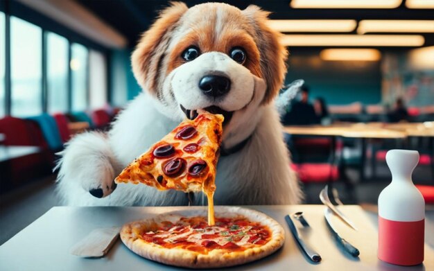 Foto un hermoso perro está comiendo pizza