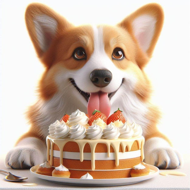 Foto el hermoso perro corgi lamia la crema del delicioso pastel