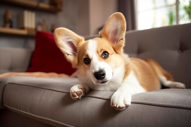 Hermoso perro corgi de pura raza inteligente y tranquilo acostado en el sofá en la sala de estar IA generativa