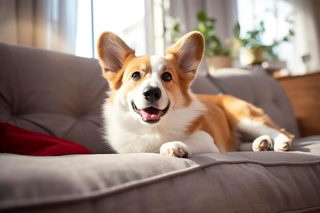 Hermoso perro corgi de pura raza inteligente y tranquilo acostado en el sofá en la sala de estar IA generativa