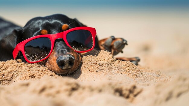 hermoso perro de dachshund negro y marrón enterrado en la arena en la playa generativo Ai