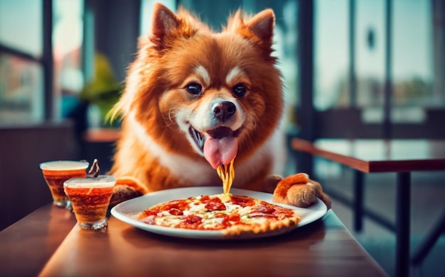 un hermoso perro está comiendo pizza