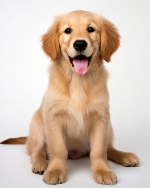 Hermoso perro golden retriever sentado con calma en un fondo blanco Adorable animal canino marrón