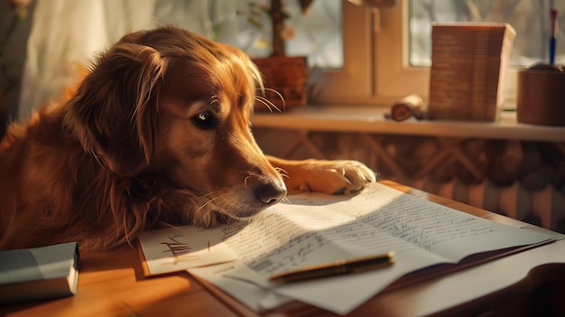Foto un hermoso perro golden retriever está tendido en un escritorio mirando por la ventana hay papeles y un bolígrafo en el escritorio