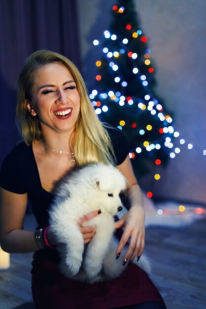 Hermoso con perro husky samoyedo en adornos navideños