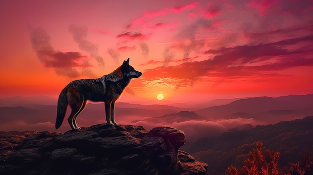 Hermoso perro parado en la montaña detrás del sol