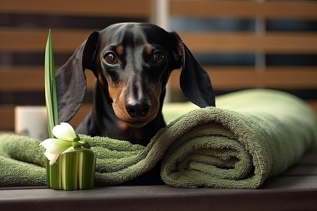 Un hermoso perro salchicha negro y fuego con una toalla verde y una flor en un tazón blanco perro salchicha negro y fuego relajado de los procedimientos de spa en la cara con pepino cubierto con IA generada