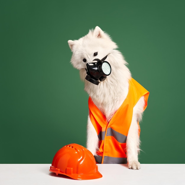 Hermoso perro samoyedo de pura raza blanca con chaleco naranja, casco y máscara sentado contra verde