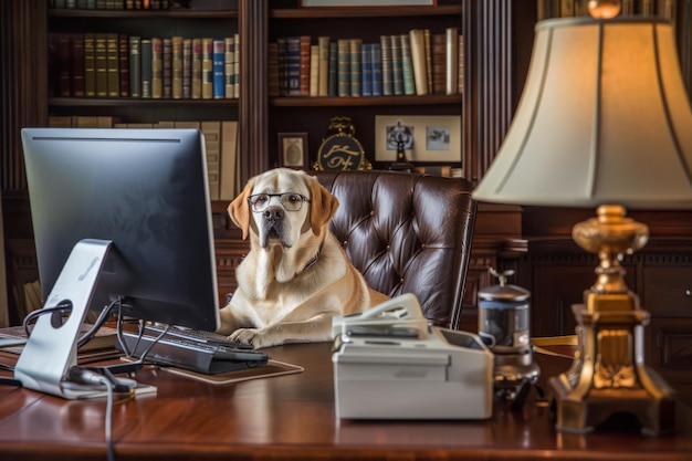 Hermoso perro trabajando en una oficina con una computadora portátil