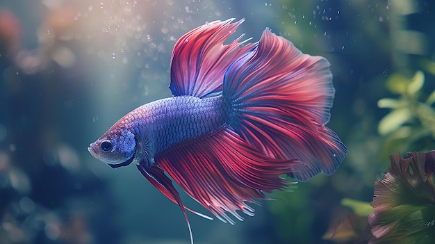 El hermoso pez betta con aletas que fluyen en tonos de azul y púrpura