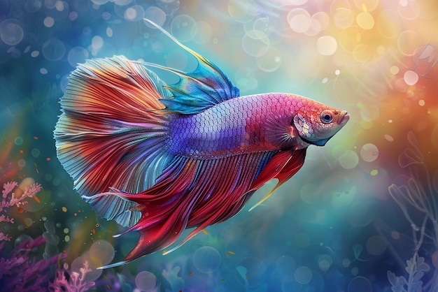 El hermoso pez betta con aletas que fluyen en tonos de azul y púrpura