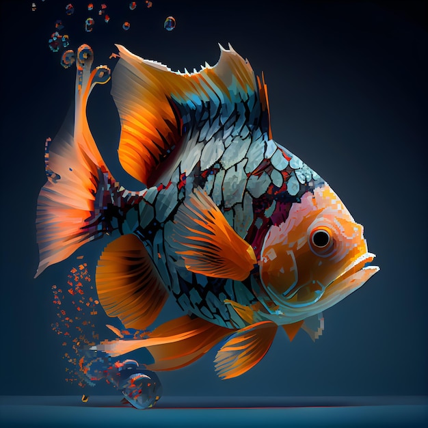 Hermoso pez dorado en una ilustración de fondo azul oscuro