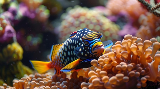 Un hermoso pez gatillo en el acuario con plantas coloridas generada por la IA foto