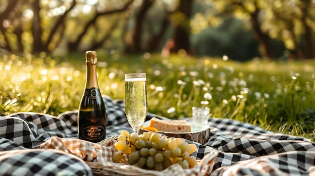 Un hermoso picnic en el parque con una botella de champaña dos vasos de uvas queso y pan en una manta a cuadros