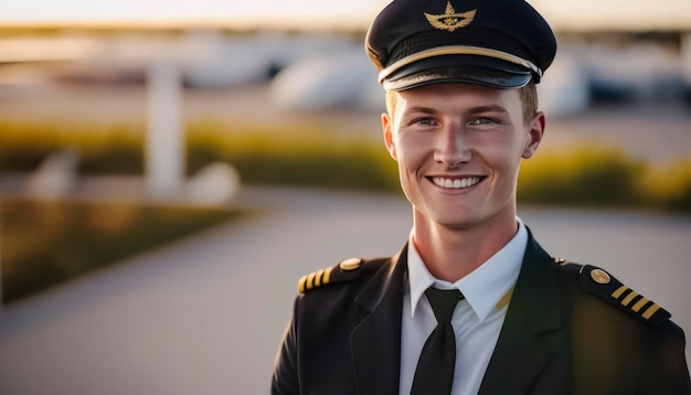 un hermoso piloto joven y sonriente frente a un fondo borroso del aeropuerto