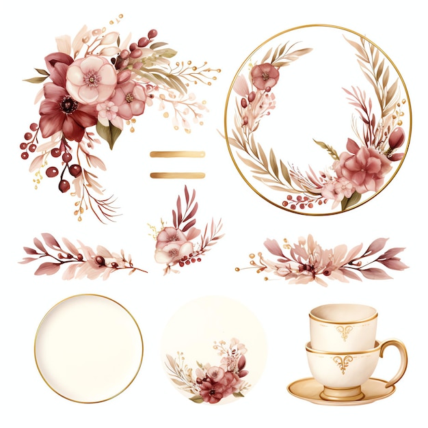 hermoso plato de boda establecido en una ilustración de clipart de estilo boho