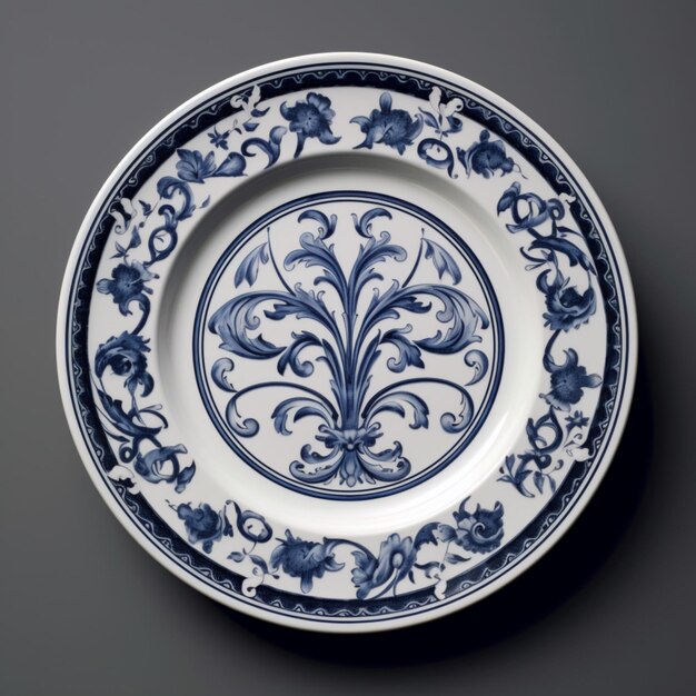 hermoso plato de cerámica decorativa blanca con diseño floral de postre azul arte generado por IA