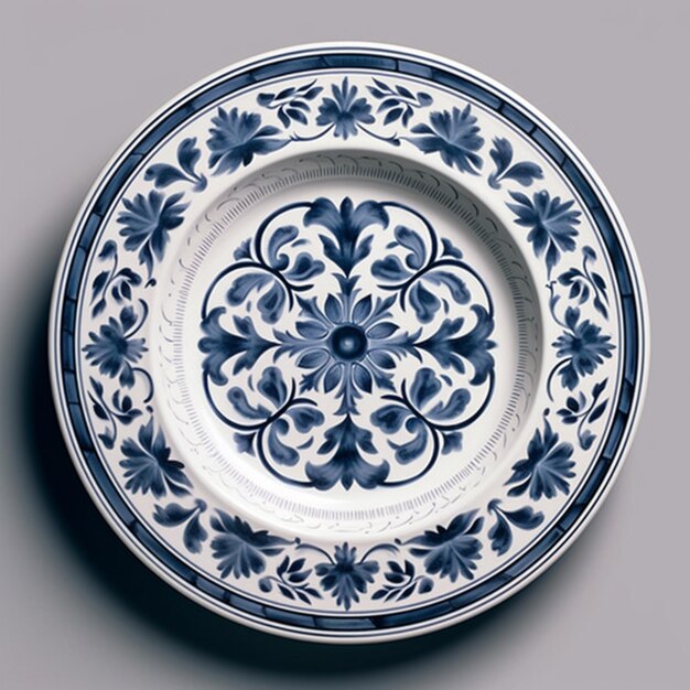 hermoso plato de cerámica decorativa blanca con diseño floral de postre azul arte generado por IA