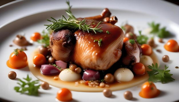 Un hermoso plato de Coq au Vin con elementos de gastronomía molecular