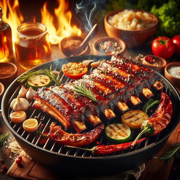 Un hermoso plato de costillas de cerdo a la parrilla