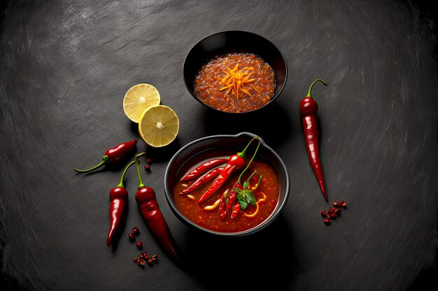 Hermoso plato oscuro con sopa picante y salsa de chile rojo con vainas de limón y pimienta