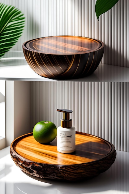 Hermoso plato de podio de madera redonda de grano de madera a la luz del sol sombra de hojas de palmeras tropicales sobre mesa blanca co