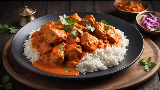 Un hermoso plato de pollo Tikka Masala al vapor en una mesa de madera oscura el co vibrante