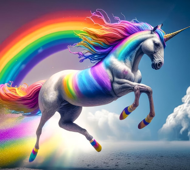 El hermoso y poderoso unicornio arco iris de fantasía AI generativa