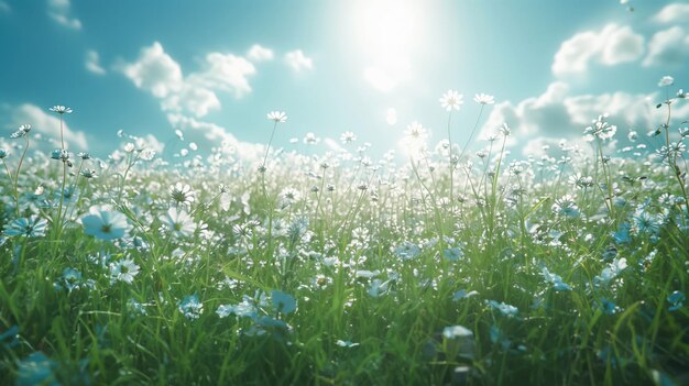 hermoso prado de primavera con margaritas y cielo azul