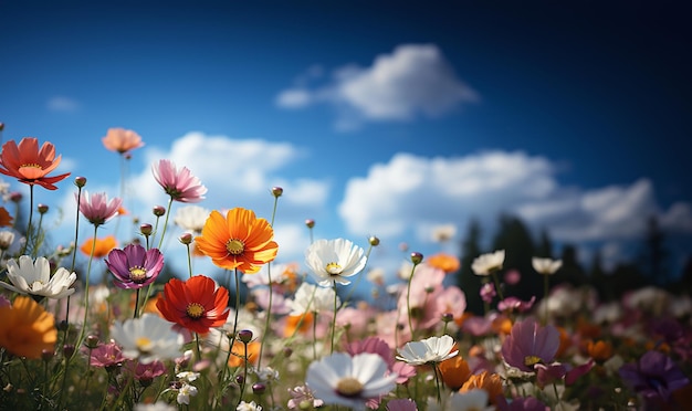 Un hermoso prado de primavera verano bañado por el sol Varias flores de colores Paisaje colorido natural