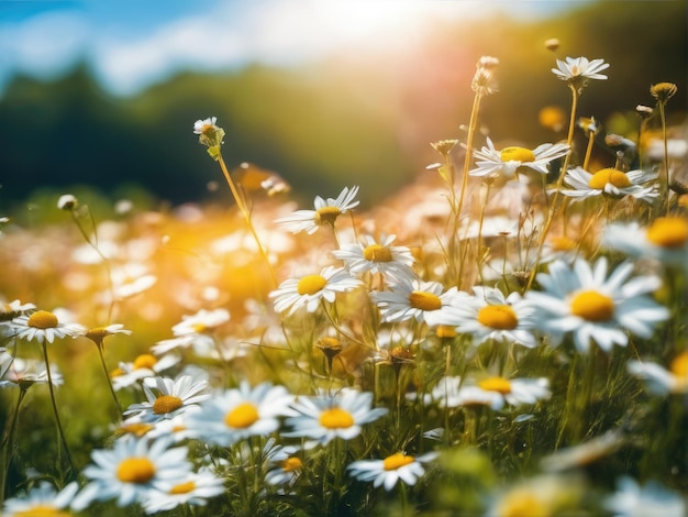 Un hermoso prado de primavera y verano empapado de sol. Paisaje panorámico natural colorido con muchas flores silvestres de margaritas contra el cielo azul