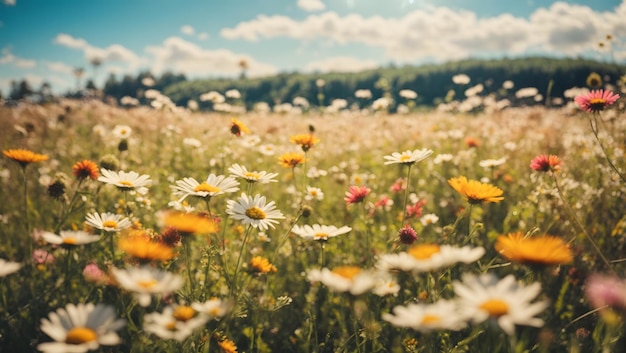 Un hermoso prado soleado de primavera y verano, paisaje panorámico natural y colorido