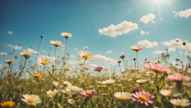 Un hermoso prado soleado de primavera y verano, paisaje panorámico natural y colorido