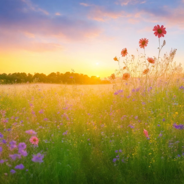 hermoso prado de verano con flores al atardecer fondo de la naturaleza