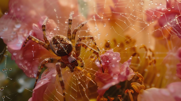 Foto un hermoso primer plano de una araña de jardín en una telaraña en el rocío de la mañana